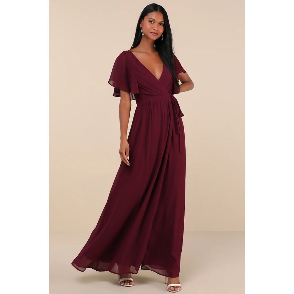 NWT Lulus Convincing Grace Burgundy Flutter Sleeve Wrap Maxi Dress Wedding Sz L